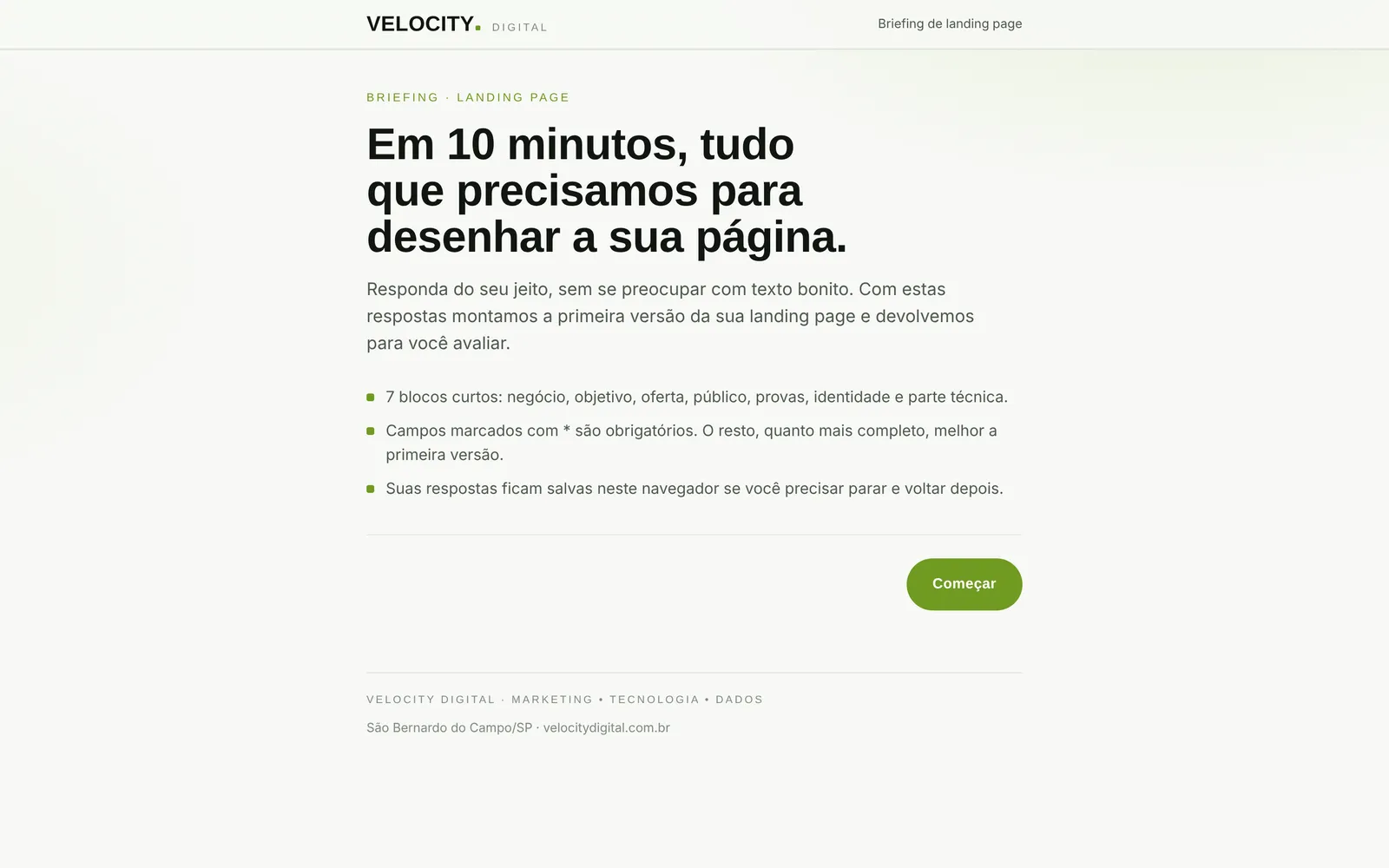 Ferramenta de briefing de landing page na versão desktop