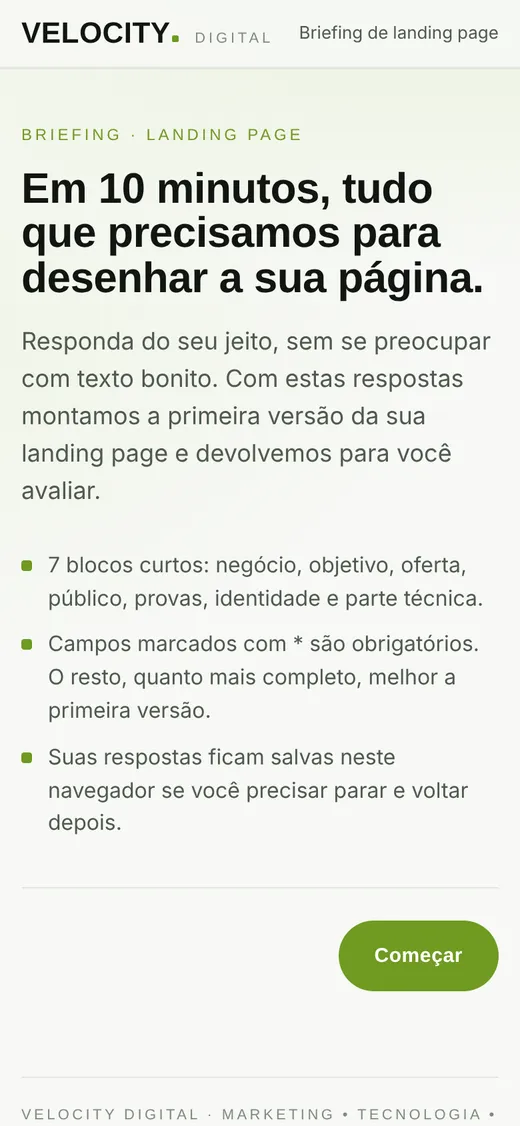 Ferramenta de briefing de landing page no celular