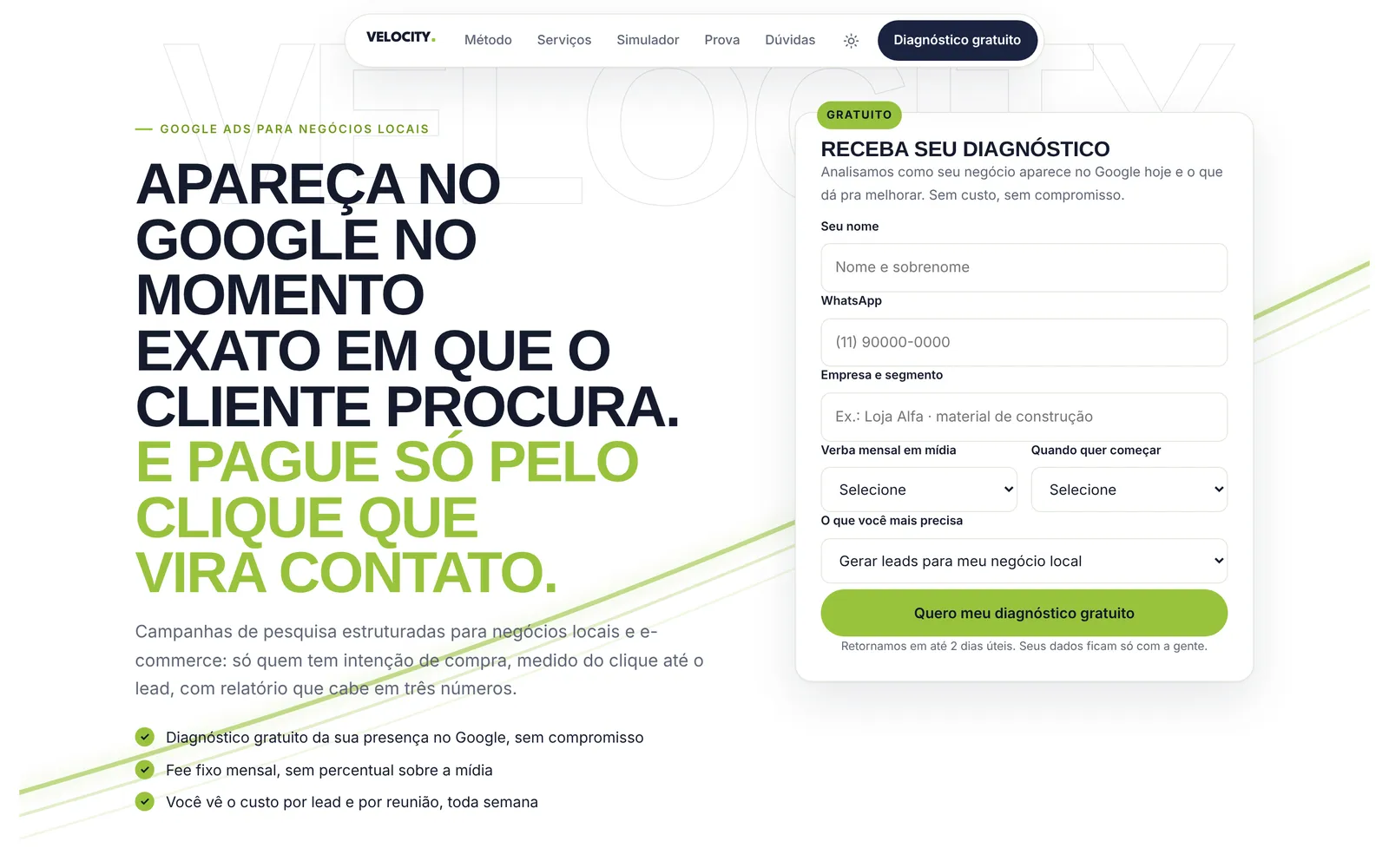 Landing page Diagnóstico Velocity na versão desktop