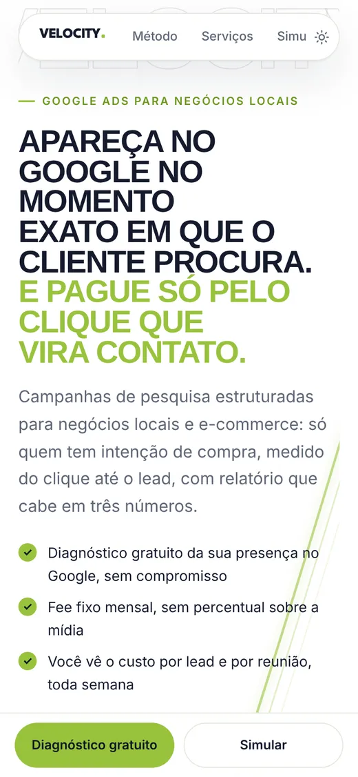 Landing page Diagnóstico Velocity no celular