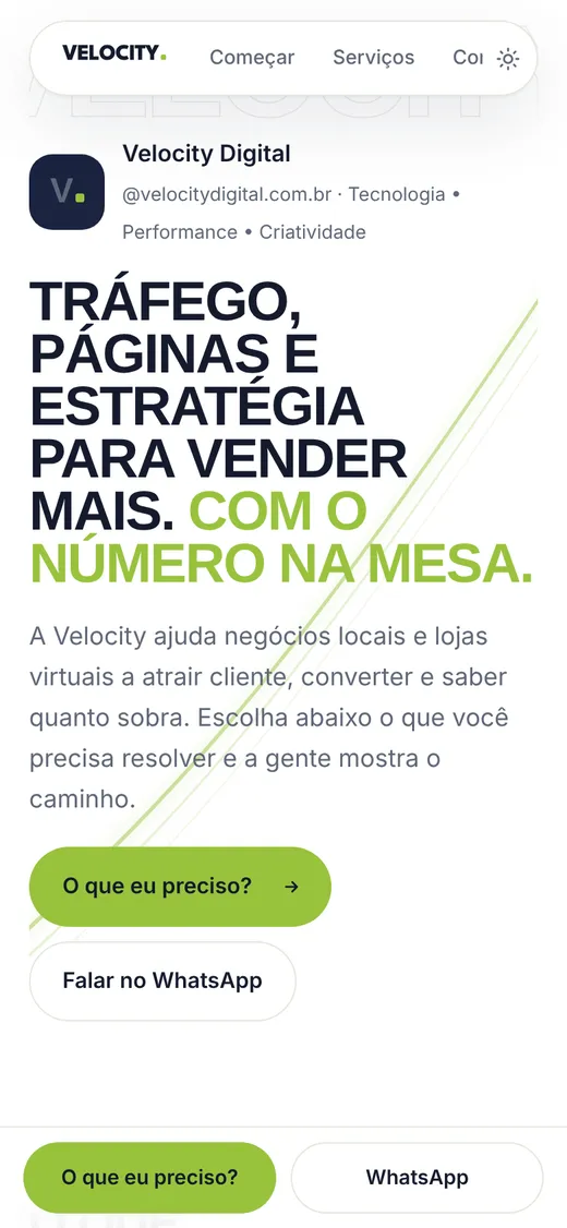 Página de links da Velocity no celular