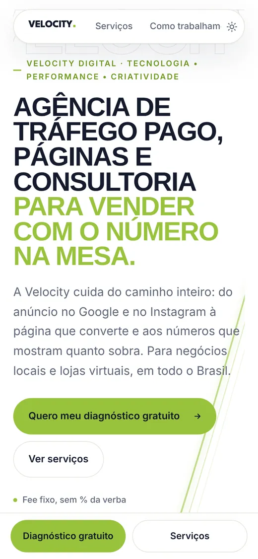 Site velocitydigital.com.br na versão para celular